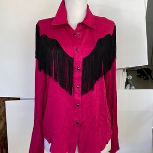 Fushia black fringe black snaps no fabric content possibly rayon cotton brandnew